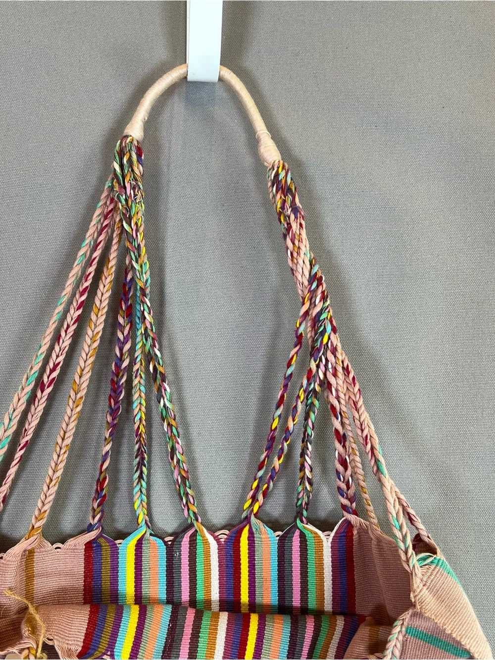 Boho ColorfulStriped Braided Handle Tote Bag w/Tassels WovenTexture BeachSummer